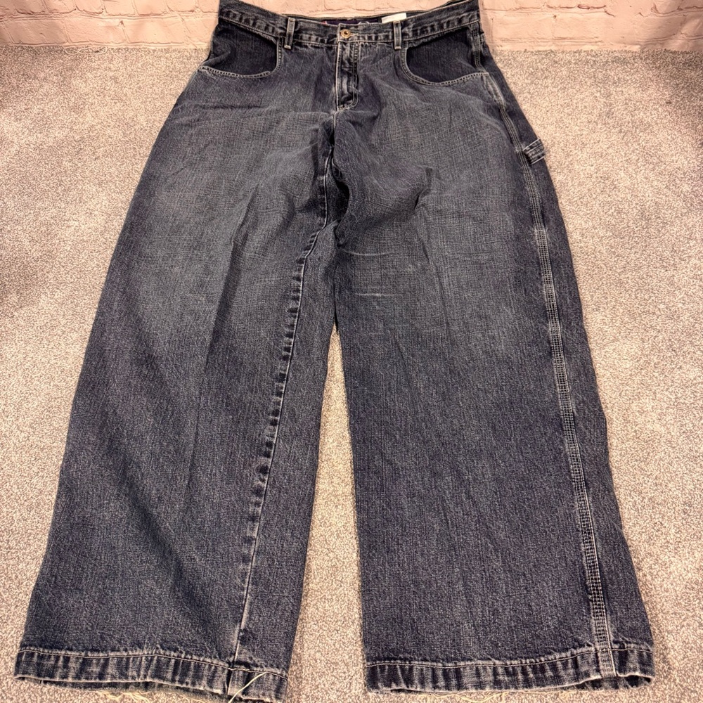 JNCO Mens Blue Wide-Leg Denim Jeans Embroidered Logo Distressed Size 36x32